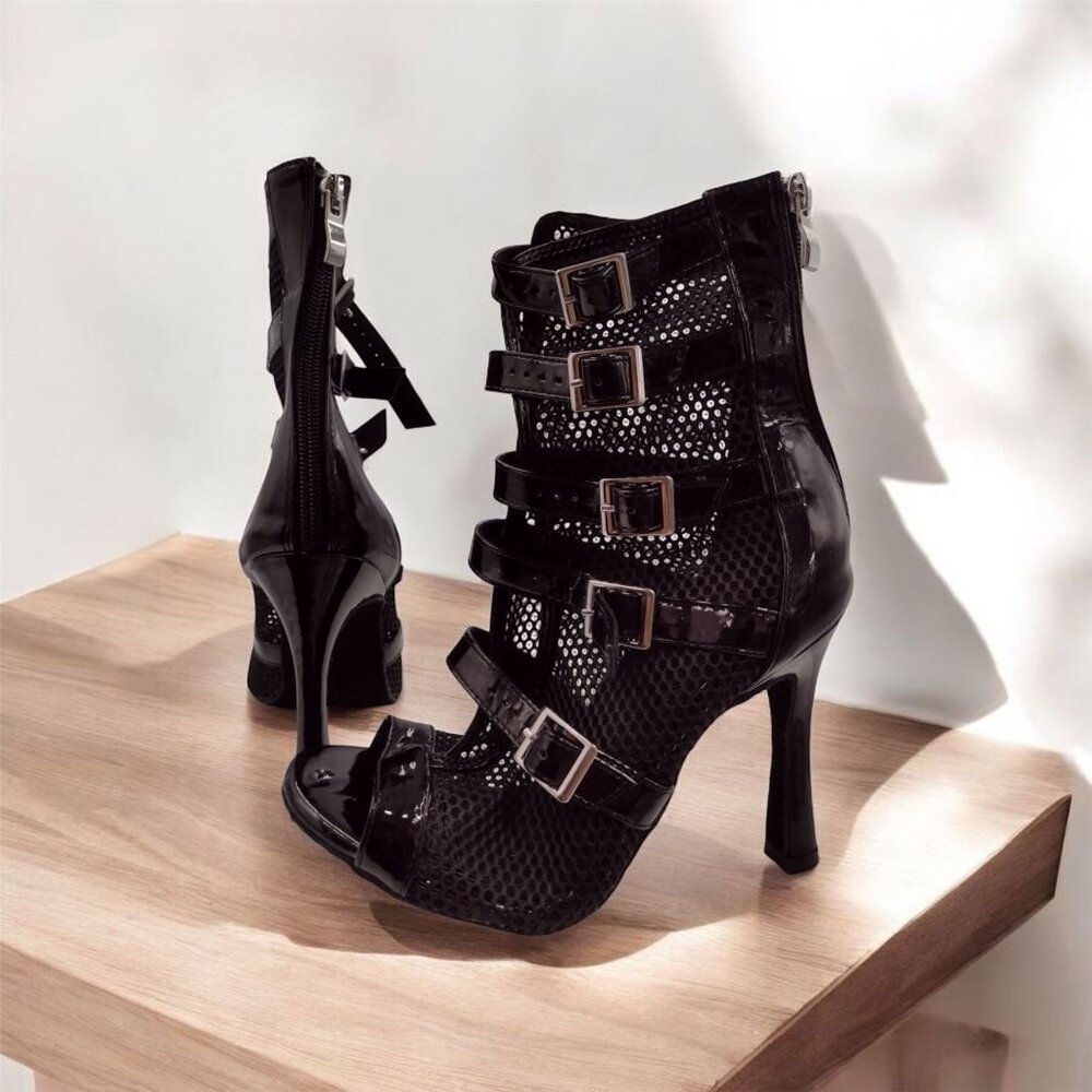 Black Open Toe Heel Boots - Mesh & Buckle - Eur 37; US 6.5